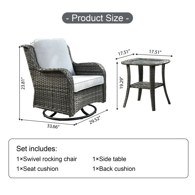 Swivel and Rocking Wicker Outdoor Lounge Chair with Cushions, Light Gray, Gray