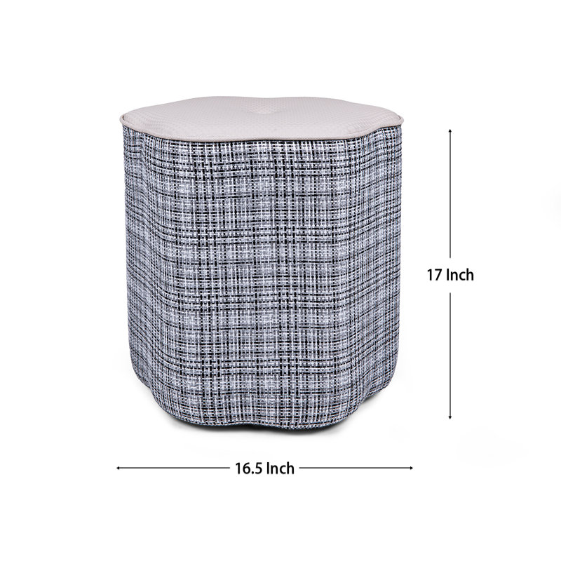 Fully Assembled Faux Leather and Textured Basketweave Round Ottoman, Gray