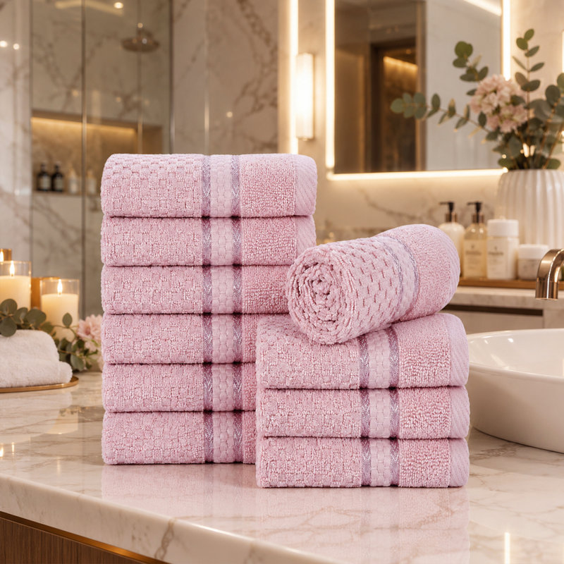 Essuie-mains texturés 100% coton Mulaayam, Rose tendre, Essuie-mains - paquet de 10