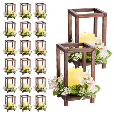 Ensemble de 20 lanternes en bois (60 pièces) pour centre de table de mariage, comprenant 20 photophores en bois, 20 bougies DEL sans flamme et 20 couronnes de fleurs couleur champagne. Décoration idéale pour une table de mariage, une fête ou un décor champêtre. Couleur : marron.