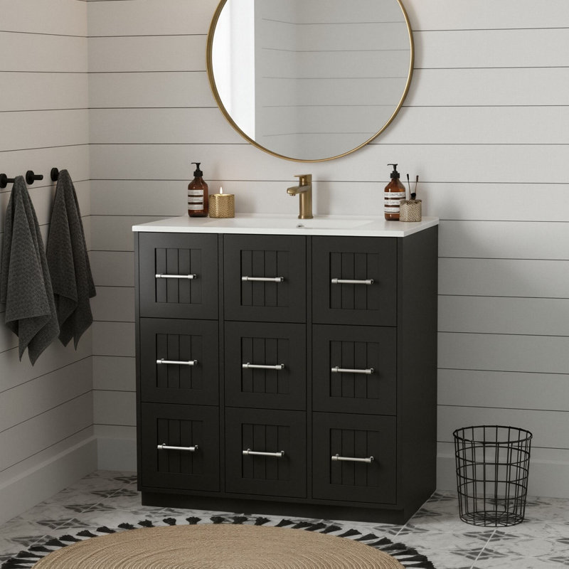 Meuble-lavabo simple de 30 pouces avec lavabo en céramique, armoire de rangement avec 1 tiroir basculant, 2 tiroirs et 3 tiroirs à fermeture en douceur
