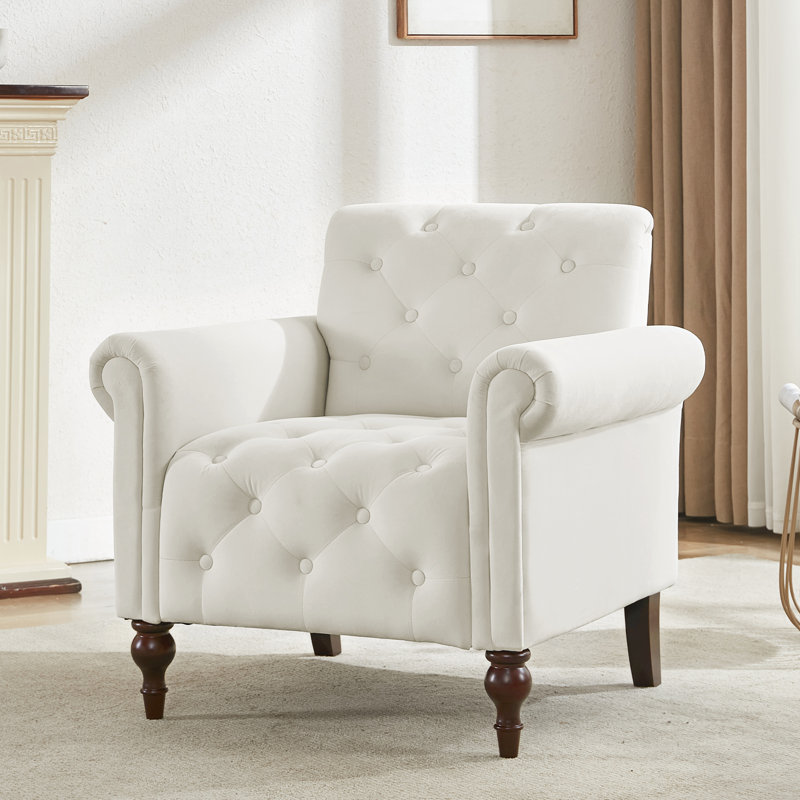 Chaise d'appoint capitonnée à boutons avec accoudoirs roulés pour le salon, la chambre à coucher, Beige
