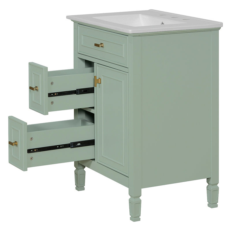 Meuble-lavabo de 24 pouces avec lavabo, armoire en bois massif et panneau de fibres à densité moyenne avec un tiroir rabattable, deux tiroirs standard et une tablette réglable, meuble-lavabo vert autoportant pour le rangement de la salle de bain
