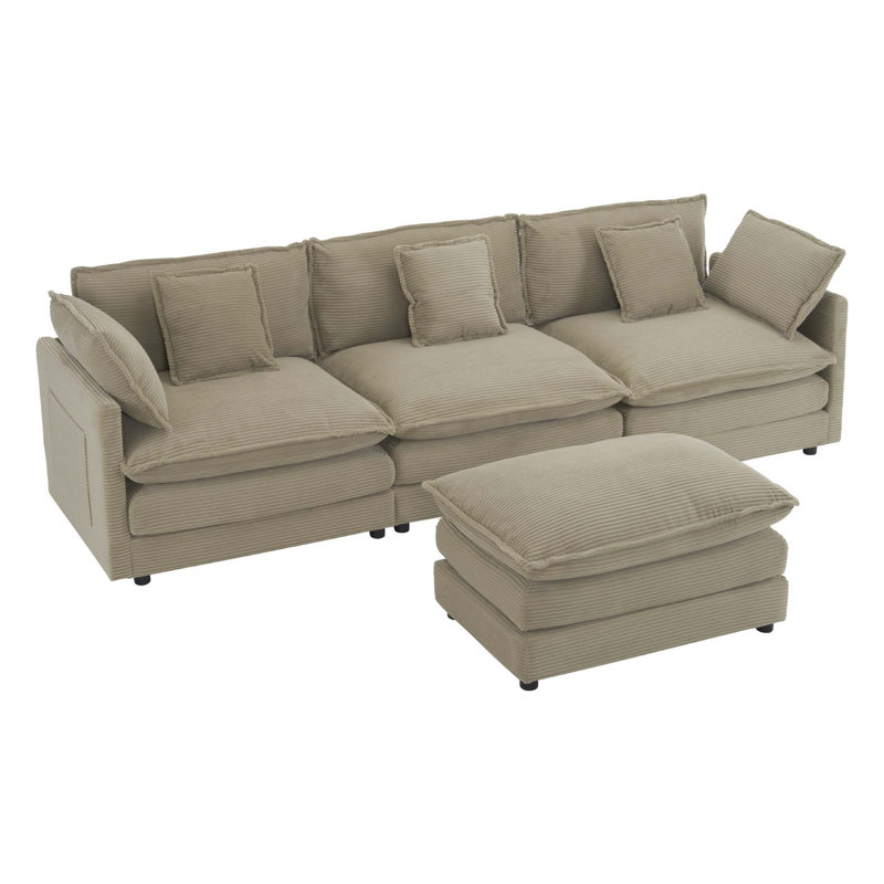 Canapé modulaire avec poches de rangement latérales et repose-pieds 112,6 po Jadiel, Velours côtelé brun