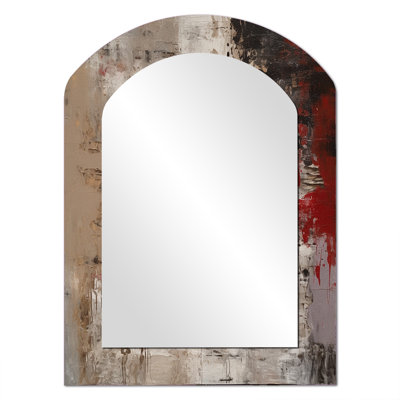 Fading Passion abstrait en rétro beige et rouge I - grand miroir arqué avec peinture abstraite, miroir mural décoratif asymétrique moderne, impression sur métal
