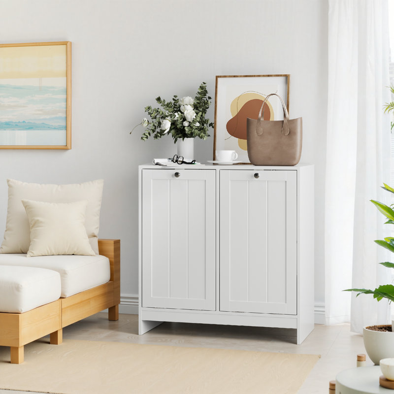 Armoire à linge avec porte basculante, panier amovible et rangement caché, blanc