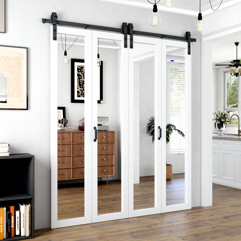 Porte de grange pliable à 1 porte pliable en placage double de 84 po en bois massif pré-assemblé et à peindre avec trousse de quincaillerie d'installation (idéale pour les petits placards, garde-manger, buanderie, salle de bain)