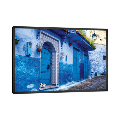 Chefchaouen, Morocco. Cat and Blue Door and Buildings 1 Piece Wall Art on Canvas