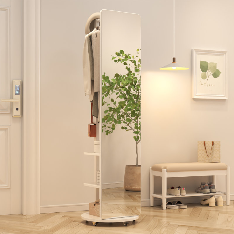 Solid Wood Full Length Mirror | Multifunctional Entryway Organizer with Rack & Hooks | Optional Rotating Base & Casters