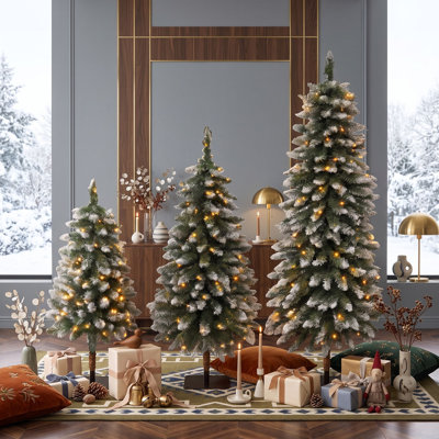 3-Piece Pre-Lit Pencil Christmas Tree Set, Artificial Snow-Tipped Holiday Trees with 8 Light Modes and Metal Base
