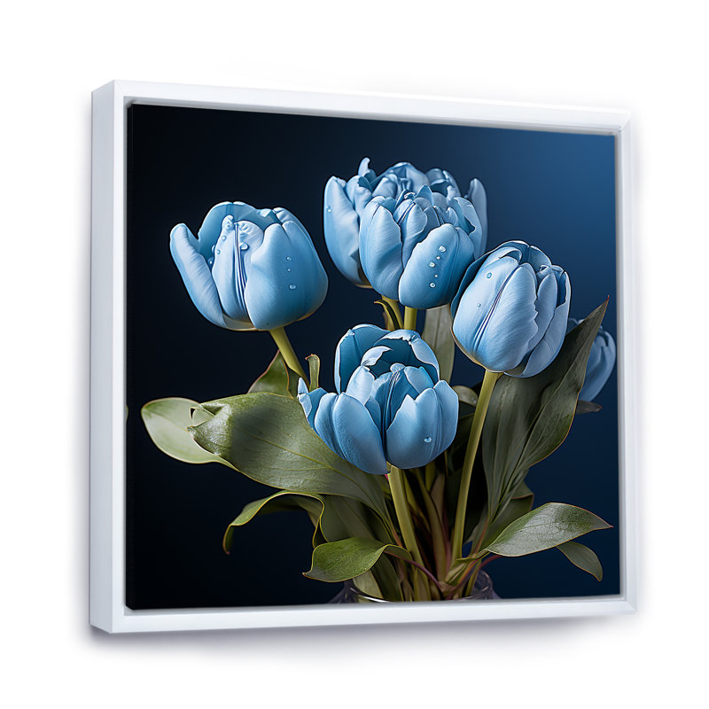 «Azure Blue Tulips Bloom III» sur toile, H 36 po x l 36 po x P 1,5 po, Cadre flottant blanc