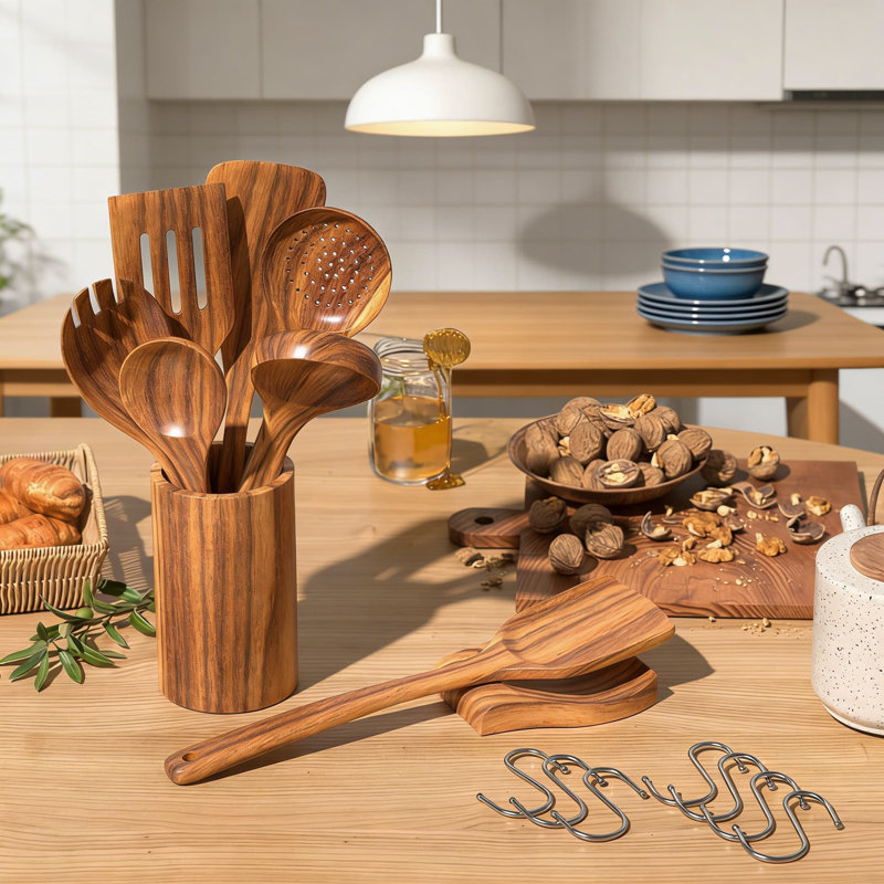 Ensemble d'ustensiles en bois de teck naturel 10 pièces avec support pour la cuisson, cuillères à spatules anti-rayures pour batterie de cuisine antiadhésive, ustensiles de cuisine résistants à la chaleur et durables avec support de rangement et cuillère