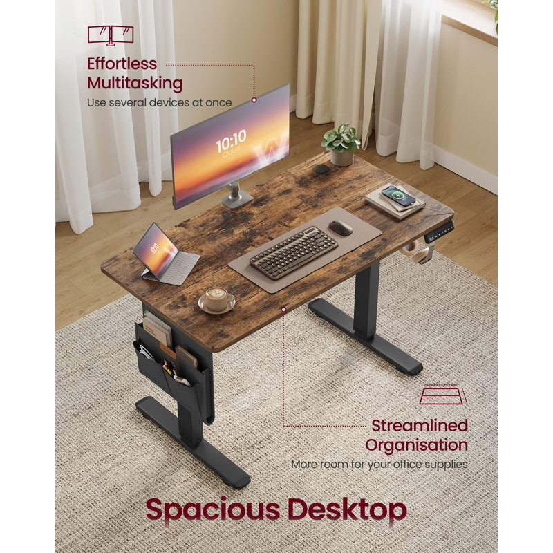 Adjustable Metal Base Standing Desk with Power Outlet, Brown/Black