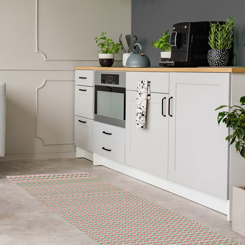 Tapis rouge/vert fait main géométrique, Tapis de couloir 2 pi x 8 pi