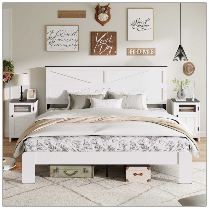 Full Wood Platform Bed Frame with Headboard and Large Under Bed Storage, White, Full