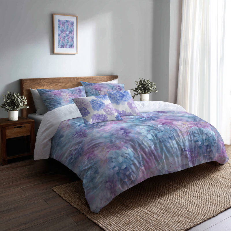 French Country Bedding Set Of 5 - Lavender Pastel Hydrangea Dream Duvet Cover And Throw Pillow Set