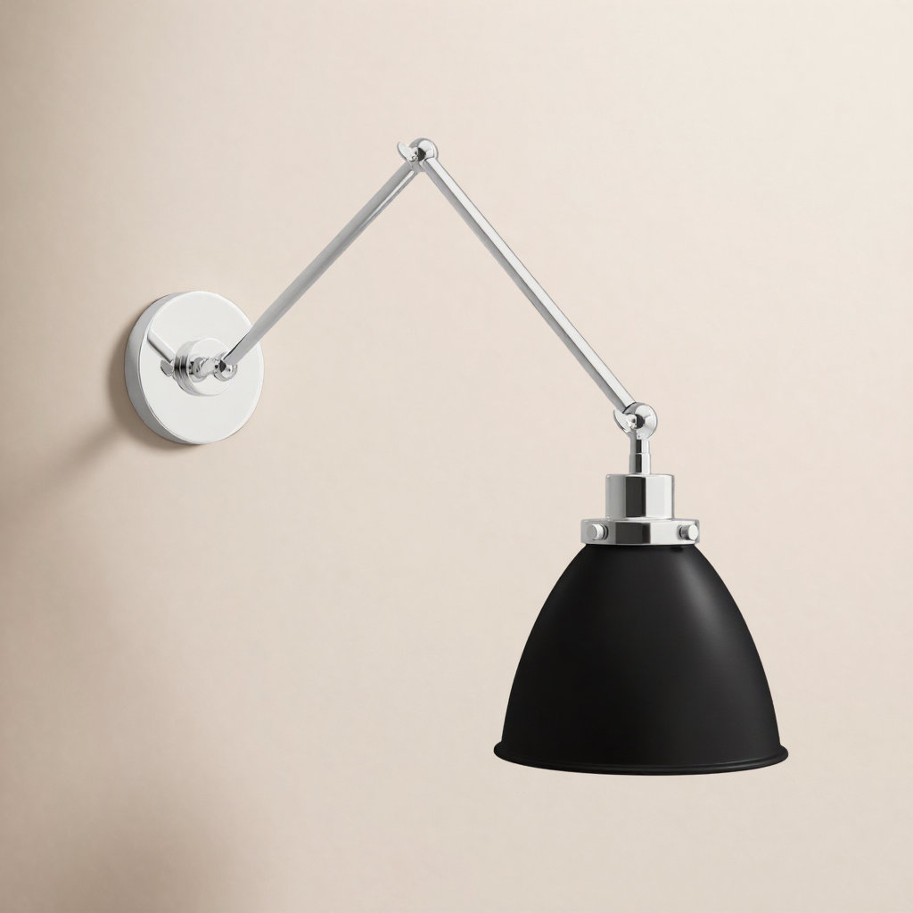 Single Light Dimmable Armed Sconce, Midnight Black, Polished Nickel