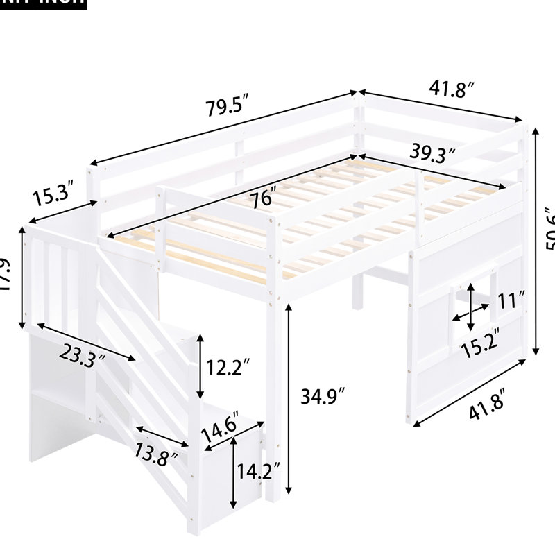 Twin Size Loft Bed With Fun Window And Staircase Storage, White - Wood Frame, Mattress , No Box Spring Storage Playful Stable Frame