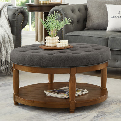 Grande table basse ronde pouf capitonnée en lin, avec repose-pieds et étagère en bois massif - Gris anthracite