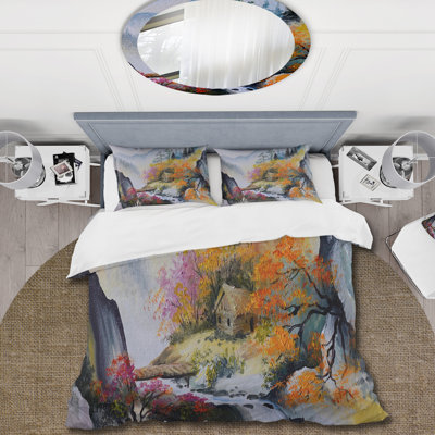 Little House In Vibrant Mountain Landscape - Ensemble de housse de couette traditionnel - Microfibre de polyester