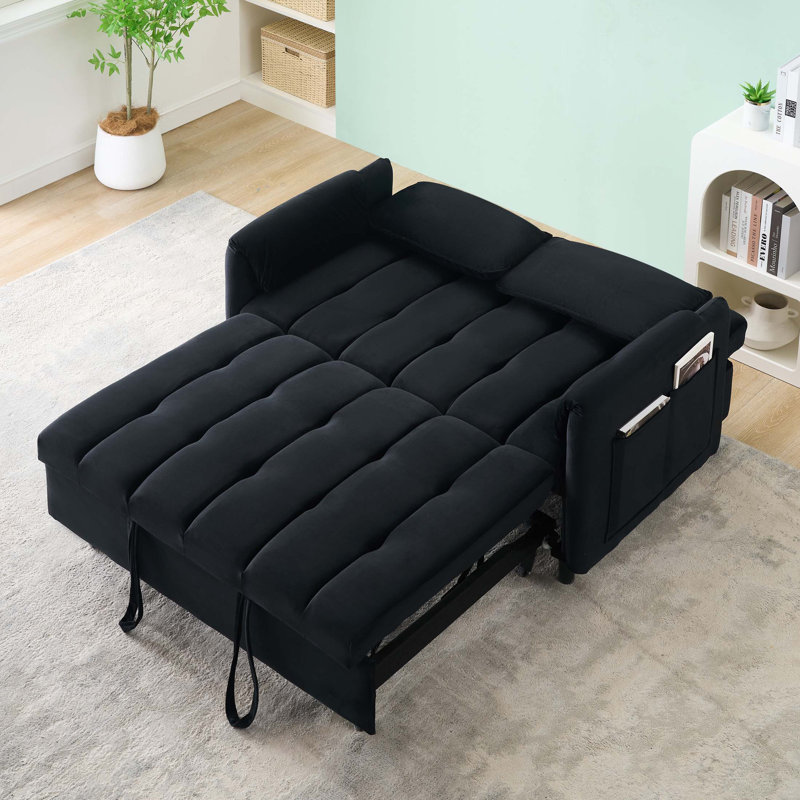 52" Modern Velvet Sofa Bed - 3-In-1 Convertible with Pillows & Side Pockets, Black