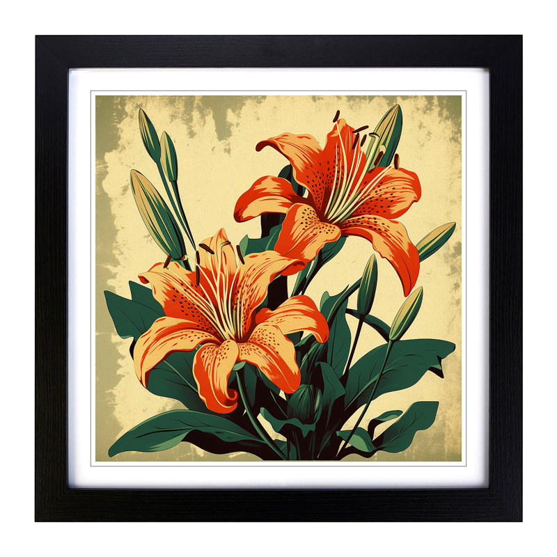 Lily Flower Retro Art - Framed Print, Black