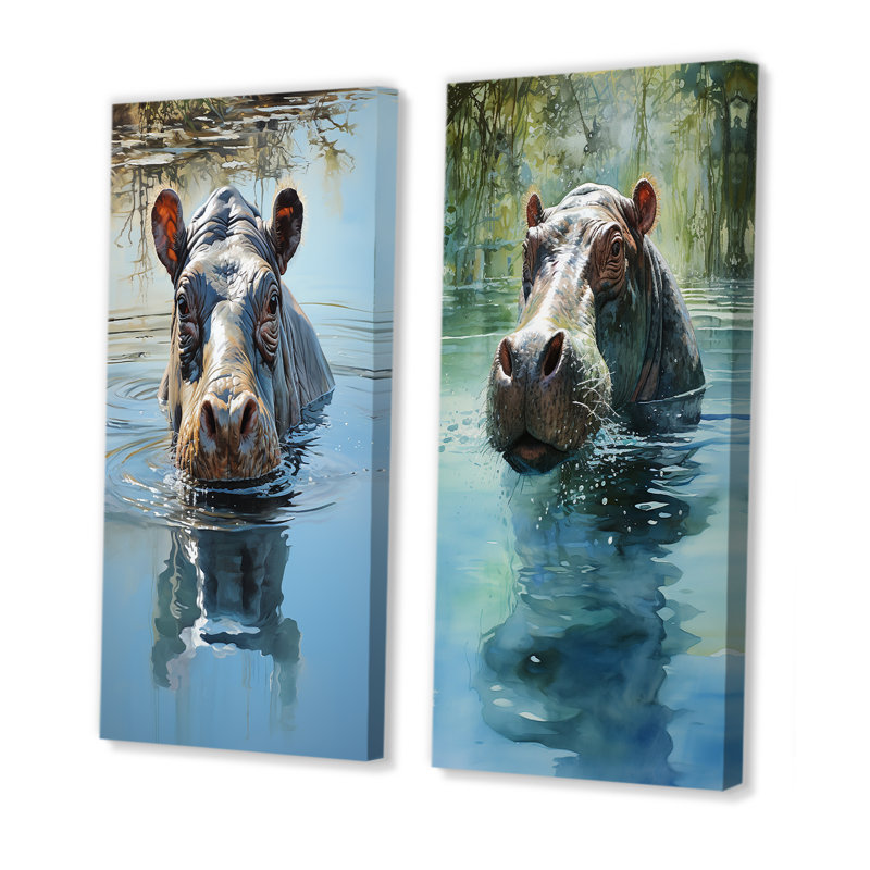 Gris puissant Hippo Waters Reflect I - Hippopotamus, ensemble de 2 reproductions d'art mural, Toile tendue, H 28 po x l 25 po