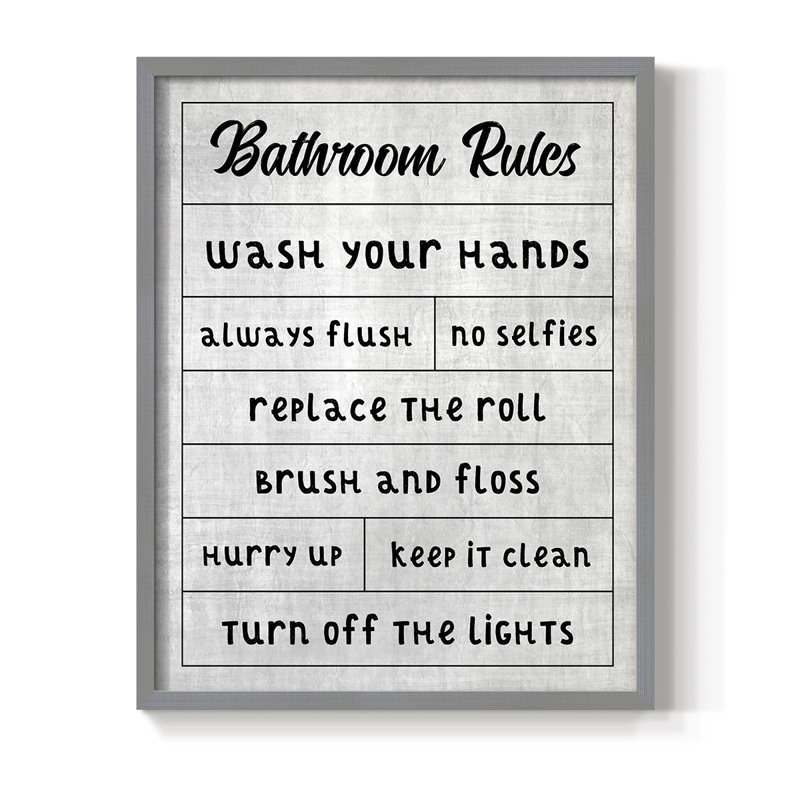 «Simple Bathroom Rules», reproduction encadrée - bois massif, 30" H x 24" W, Gris