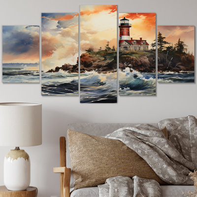 Vintage Lighthouses Guiding Light III - Nautical & Beach Canvas Print - 5 Panels