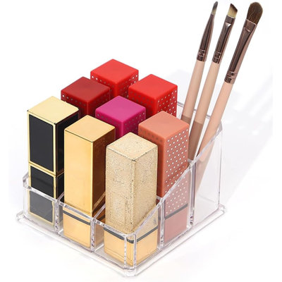 2 PCS Lipstick Organizer and Storage, Acrylic Lipstick Holder, 9 Slots Clear Case Display Rack Holder