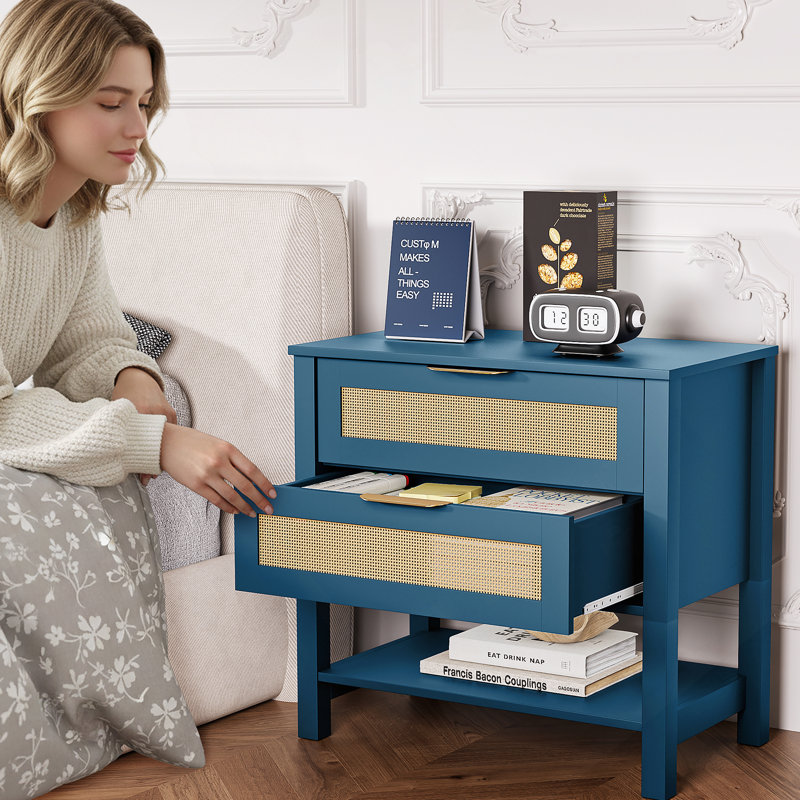 Table de chevet étroite en rotin avec 2 tiroirs et tablette de rangement Boho, Turquoise