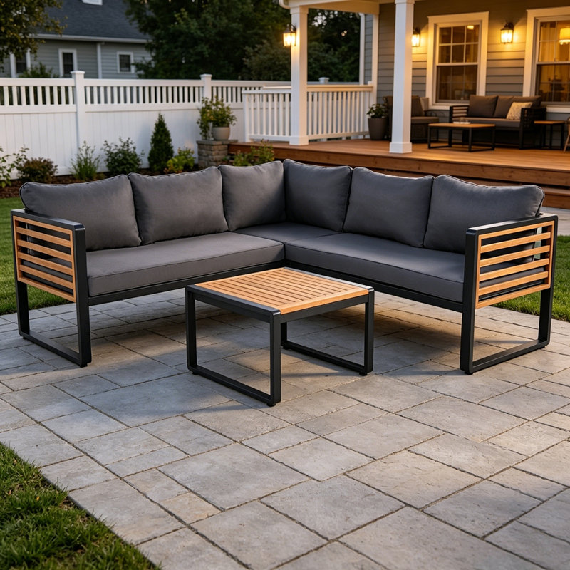 Ensemble de 4 chaises de jardin pour l'extérieur, canapé modulaire en L et structure en bois avec coussin moelleux et tables basses