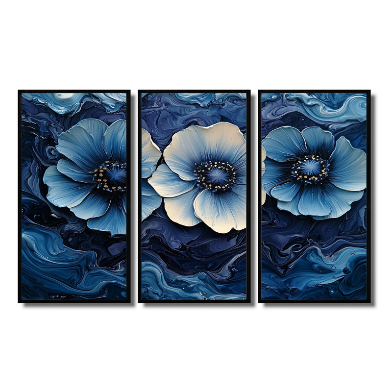 «Aqua Blue Poppies Dreamscape At Night I» - art mural coquelicots - ensemble de 3, H 28 po x l 36 po, Noir