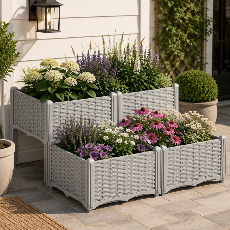 Jardinière surélevée en rotin, composée de 4 pièces avec pattes, pour fleurs et herbes aromatiques.