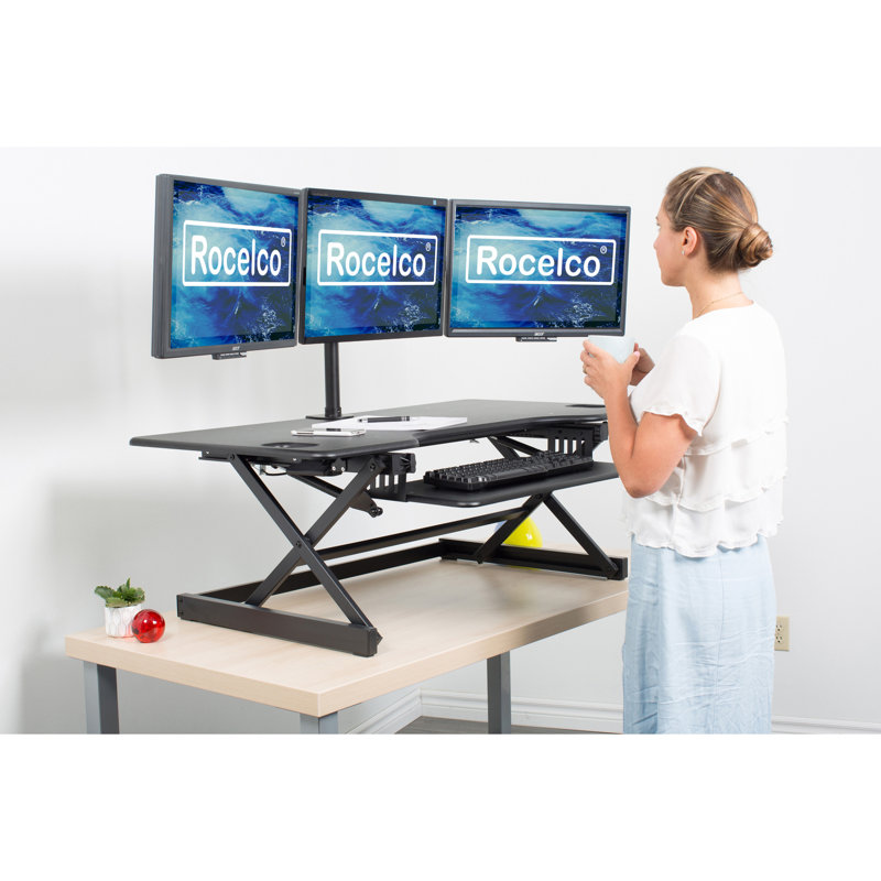  46 in. Balck Height Adjustable Standing Desk Converter with Triple Monitor Mount and Deep Keyboard Tray, Black
