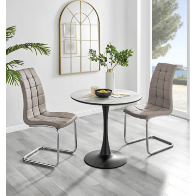 Elina White Marble Effect Melamine Round 80cm Dining Table and 2 Faux Leather Dining Chairs