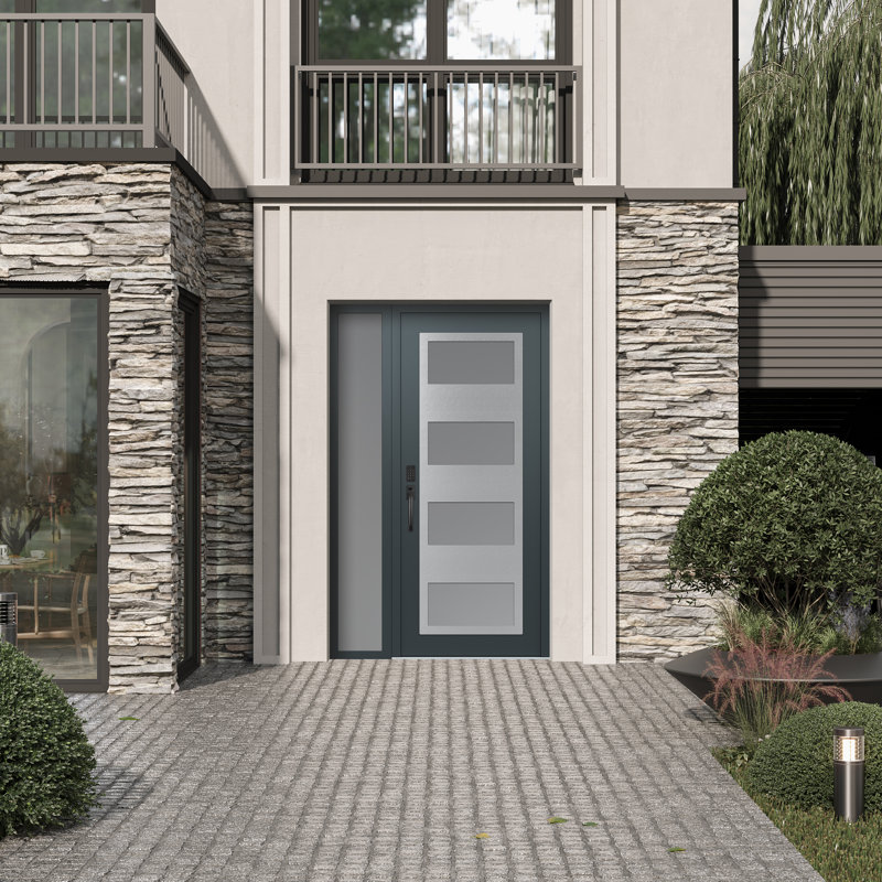 Porte d'entrée avant pré-suspendue à panneaux latéraux en acier argenté anthracite / anthracite avec panneau latéral, Gelé
