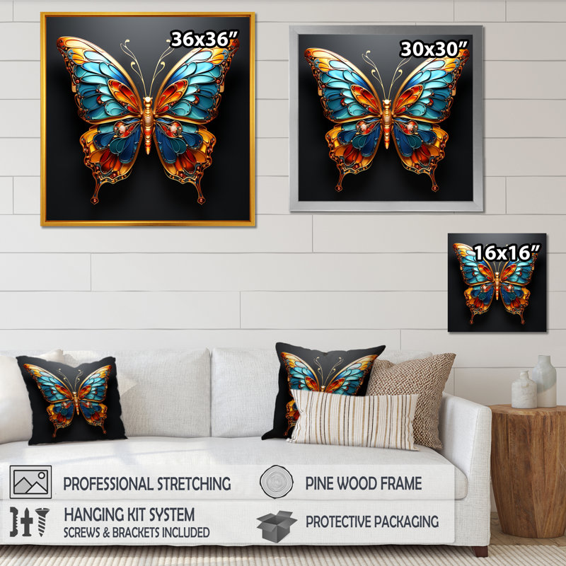 «Butterfly Expressionist Freedom I», art mural sur toile, Cadre flottant doré, 24" H x 24" W
