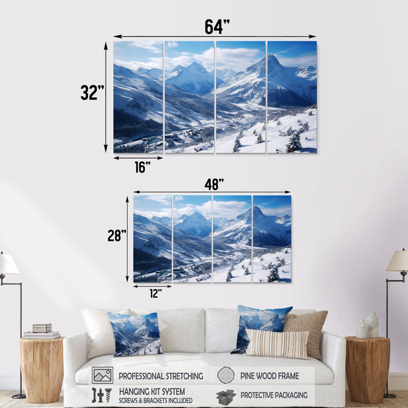 «Pine Valley Winter Mountain Landscape VI - Winter Landscape», art mural 4 pièces, H 32 po x l 64 po