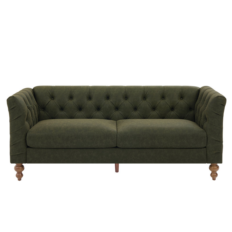 Canapé Chesterfield traditionnel Ivarn de 187 cm de large, recouvert de PU, avec dossier capitonné en losanges, accoudoirs évasés et pieds en bois d'hévéa