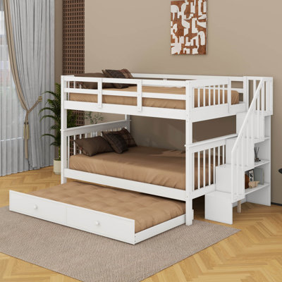 Lit superposé double avec lit gigogne, rangement et barrière d'escalier