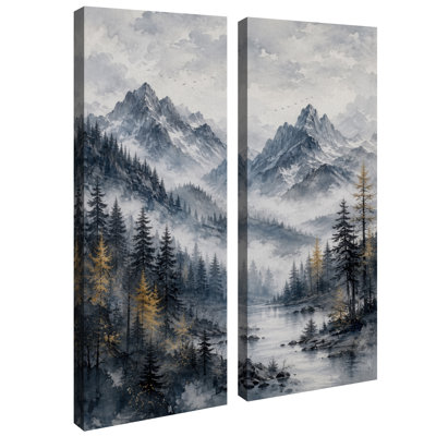 Lac forestier de montagne brumeux bleu-gris – Ensemble de 2 impressions sur toile 32 po x 12 po x 2 po