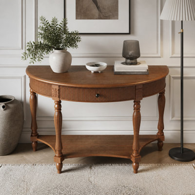 Console demi-lune en bois massif avec tiroir et tablette
