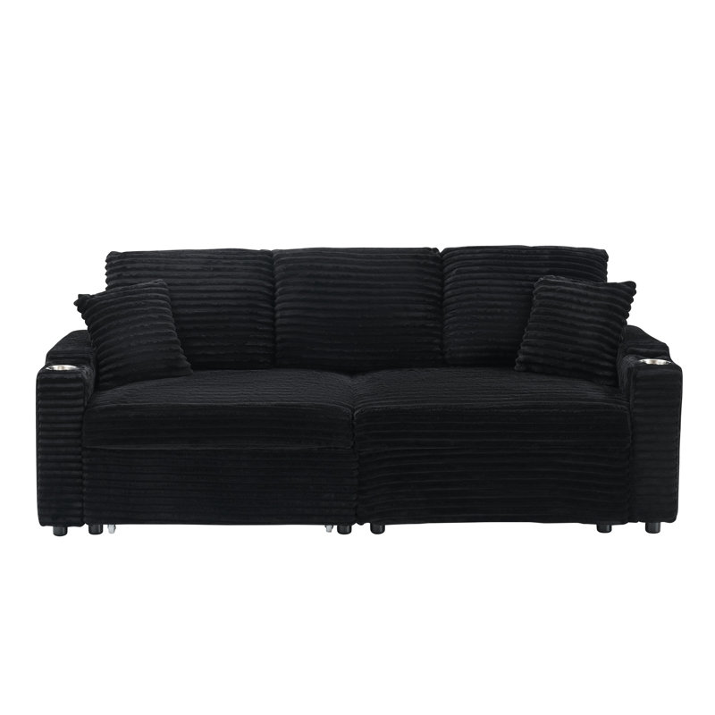 Velours côtelé de 80 pouces pliable avec couchette cachée, porte-gobelet, 2 coussins, noir, facile à placer dans le salon