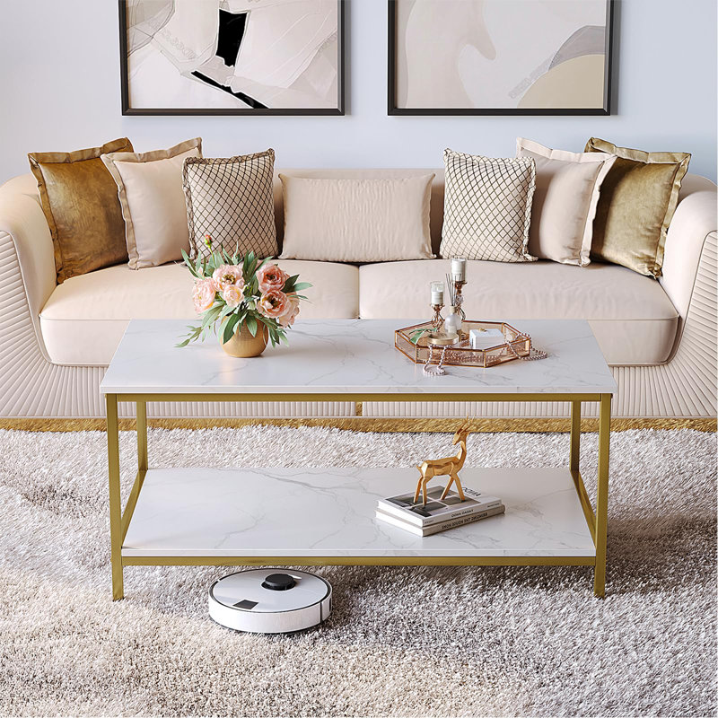White Marble and Gold Rectangular 2-Tier Coffee Table