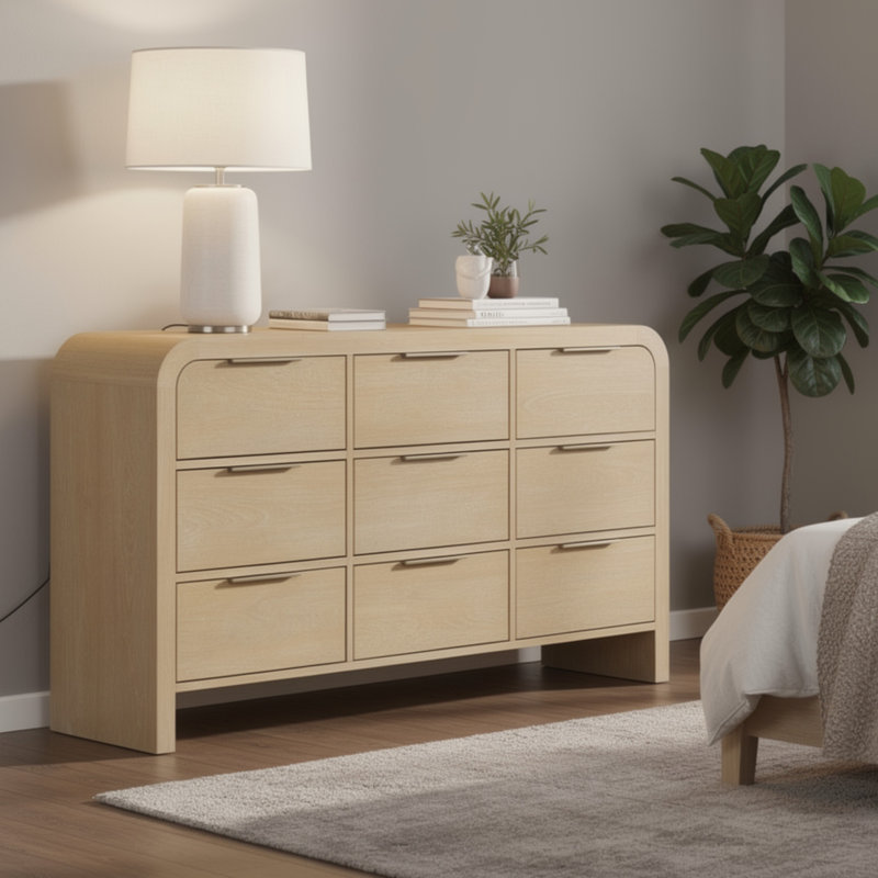 Commode Rexa, 9 tiroirs, bois brun naturel, poignées en métal