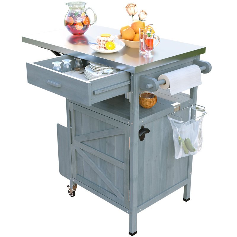 Outdoor Grill Cart With Stainless Steel Top, Solid Wood Outdoor Storage Cabinet With Drop Leaf, One Drawer, Towel Rack, Rolling Kitchen Cart With Lockable Wheels For Lawn Garden