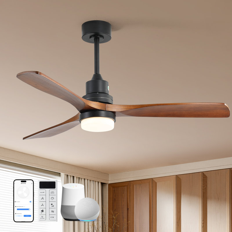 52" Solid Wood Blade Smart Ceiling Fan With Light, Remote, Supports Amazon Alexa And App Control, Brown Blade/Black Body