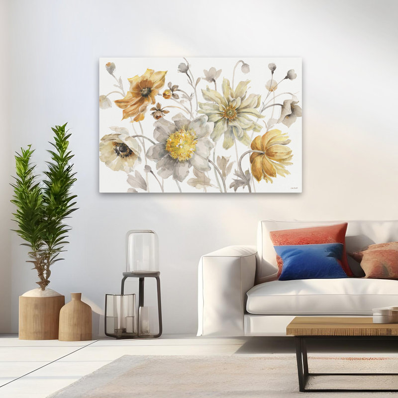 Fields of Gold I - Florals Flowers Gray Grey Art, H 32 po x l 48 po
