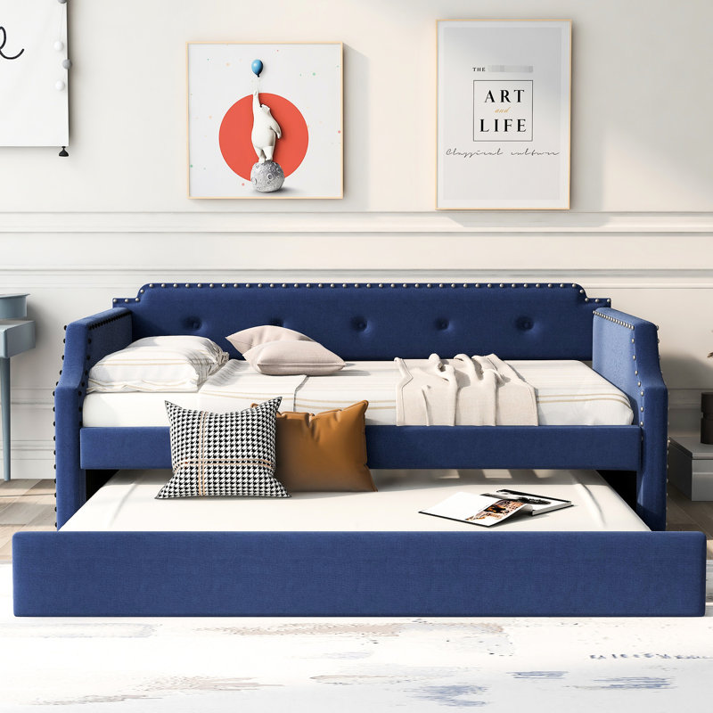 Blue Twin Upholstered Daybed With Trundle - Linen Fabric, Wood Slat Assembly For Setup, Bed, Blue